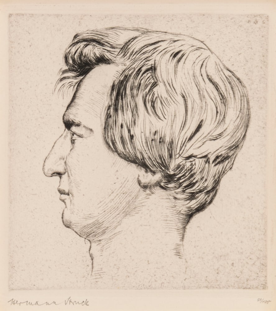 Hermann Struck, Portrait of Heinrich Heine, 1915
Etching, 5.39 by 5.75 inches
(13.7 by 14.6 cm)
Framed: 27 1/4 x 17 3/4 inches
Edition of 100
(Inv# HS1914.1)