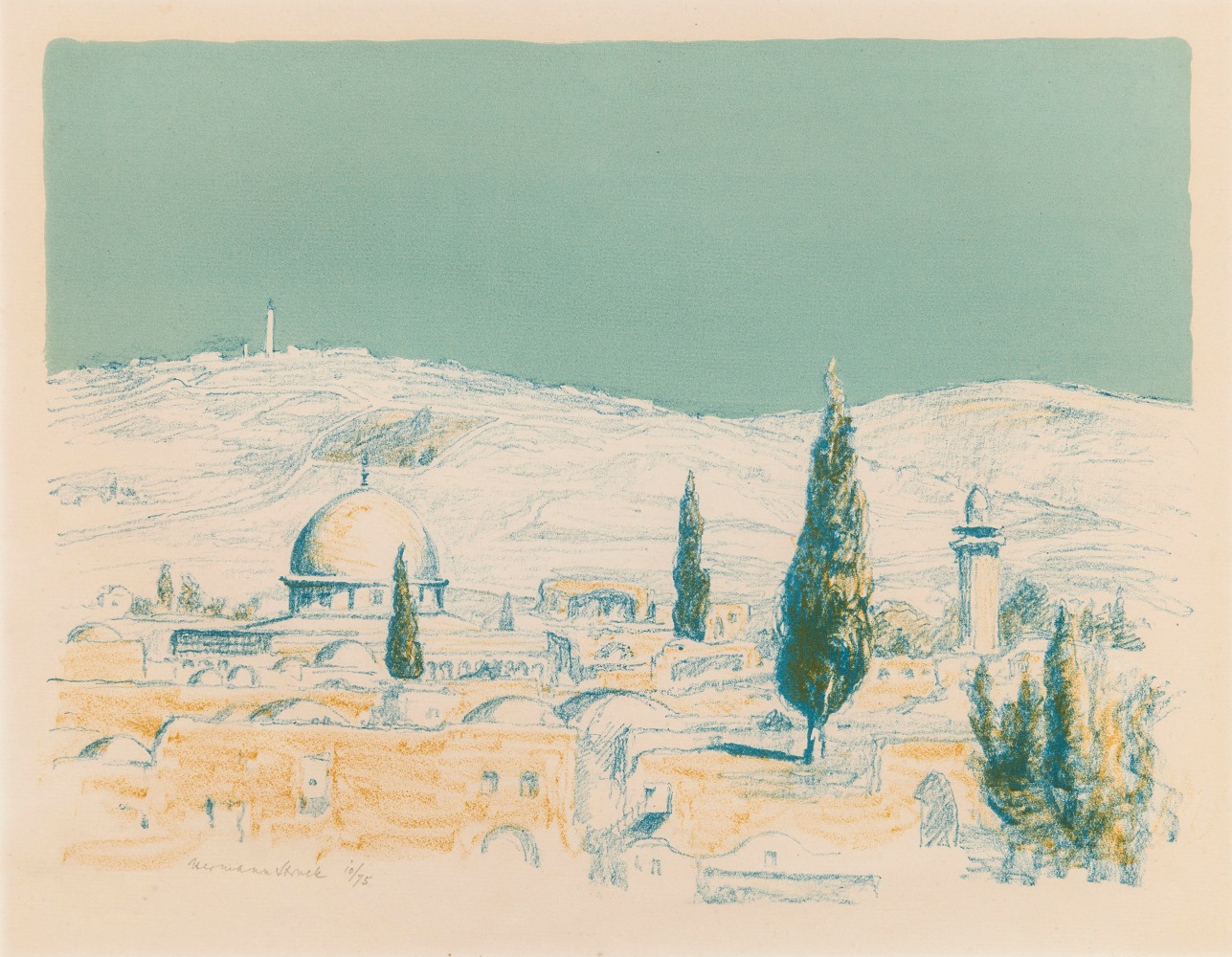 Hermann Struck, Jerusalem X
Lithograph in colors, 12.6 by 9.65 inches
(32 by 24.5 cm)
Framed: 19 x 16 inches
Edition 10 of 75
(Inv# HS435.1)