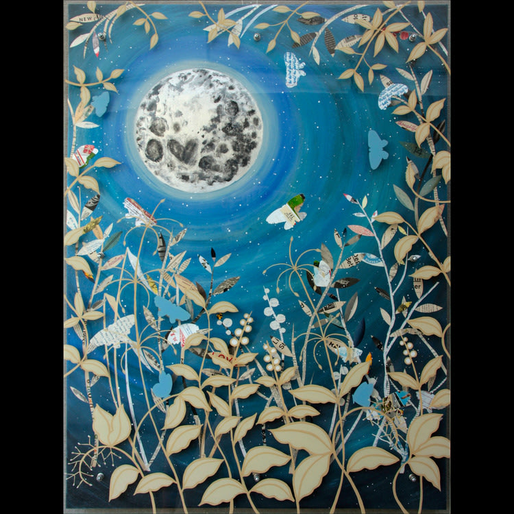 Moon Garden
Acrylic painted on reverse side of plexi glass with spacers floating above a collaged painted metallic leafed background.
32&amp;quot; x 44&amp;quot; x 2&amp;quot;
2019