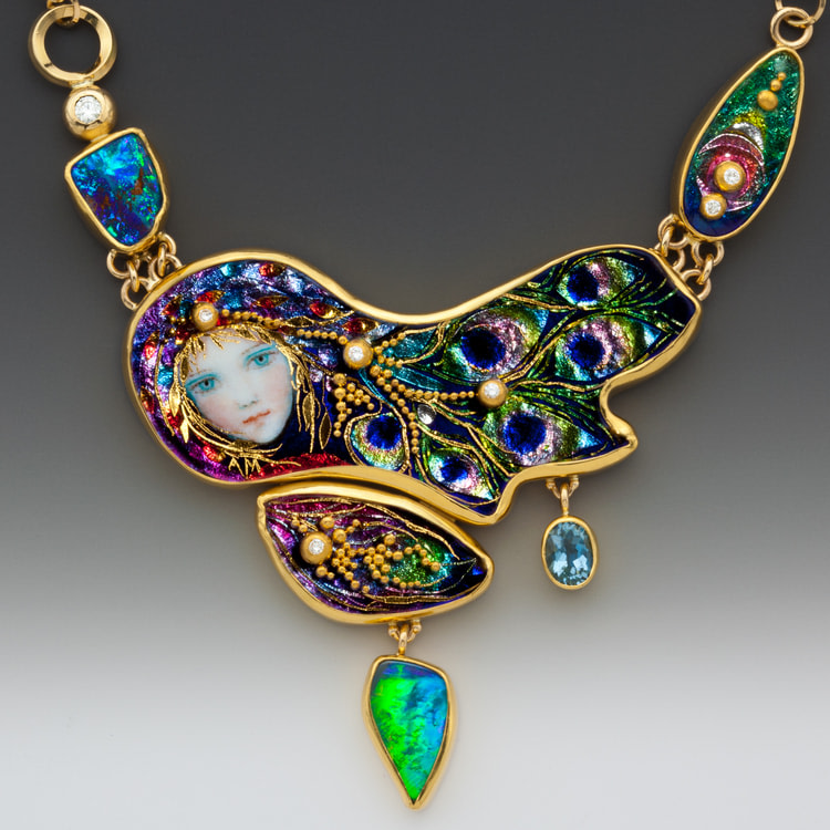 Peacock Necklace
Enamels with 24k gold foil and granules. Silver and palladium foils. Approx 40 layers and firings. Hand fabricated 18&amp;amp;22k gold. Aquamarine. Diamonds. Opals
3.5&amp;quot; x 4.0&amp;quot; x 0.25&amp;quot;
2017