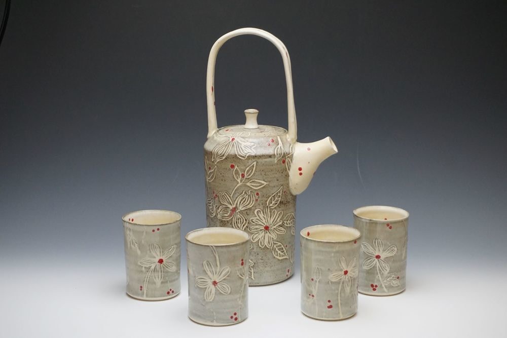 Teapot set - carved flowers
Ceramic&amp;nbsp;
4.5&amp;quot; x 11.5&amp;quot; x 4.5&amp;quot;
2020