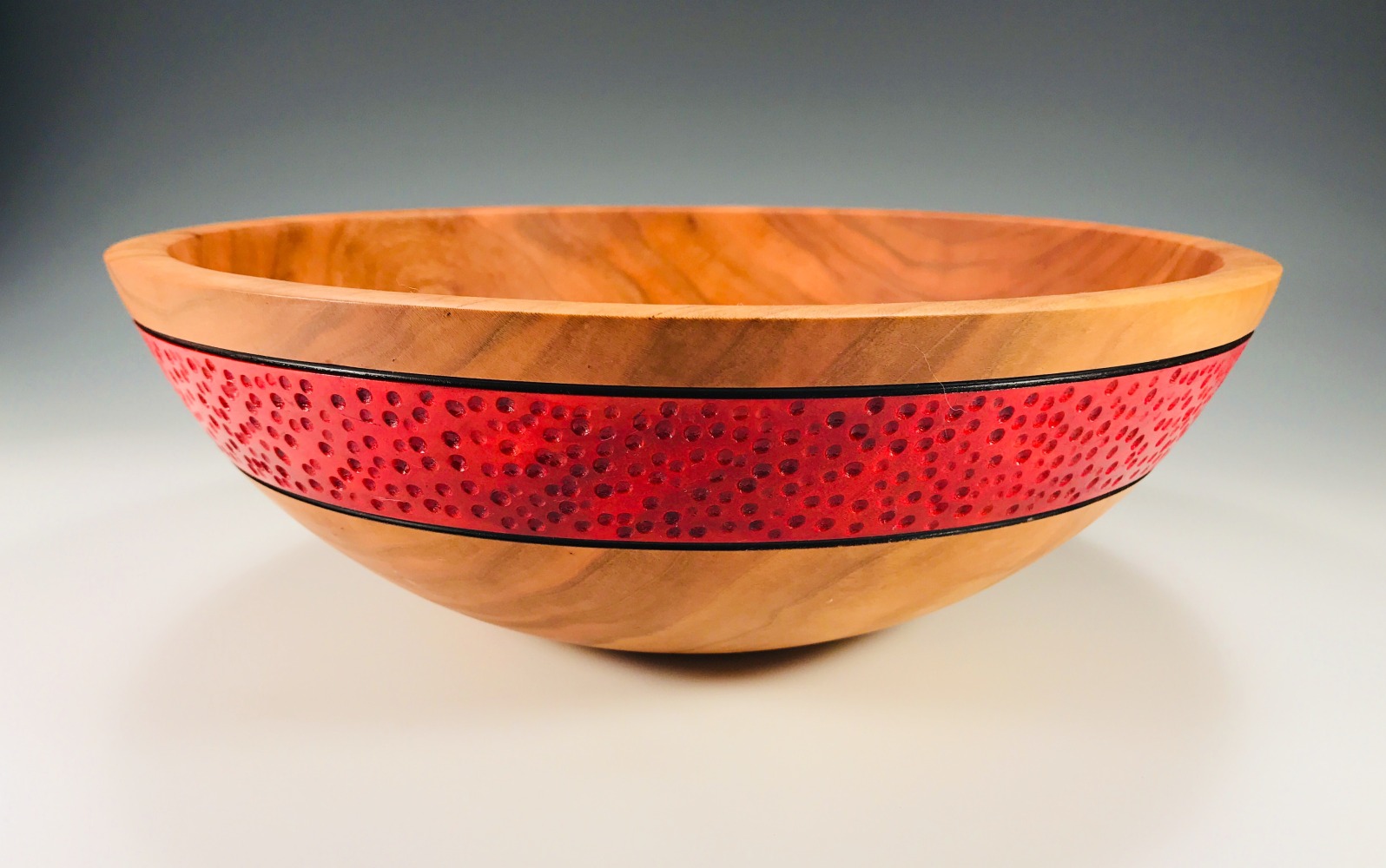 Cherry Bowl with Stippled and Dyed Band 

Wood

3.5&amp;quot; x 11&amp;quot; x 11&amp;quot;