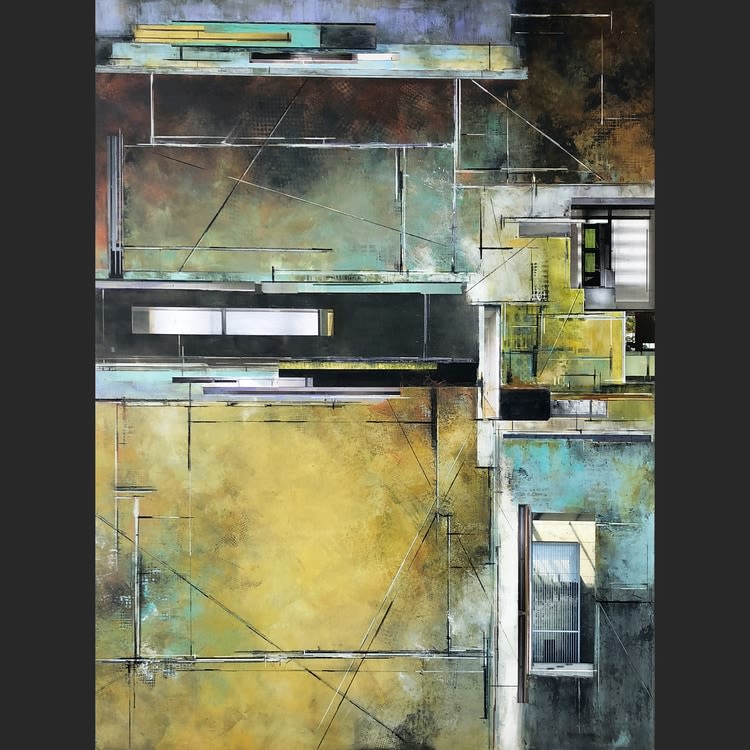 mixed-media painting of architectural elements