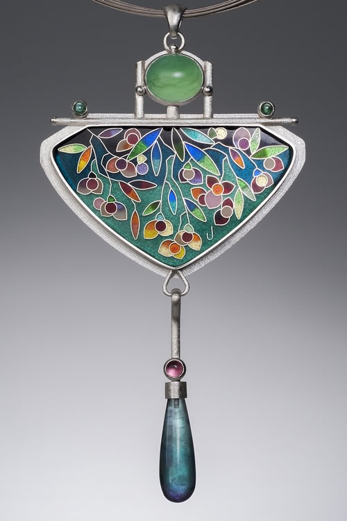 Cloisonn&amp;eacute; Enamel Pendant
Vitreous Enamel and Fine Silver Cloisonn&amp;eacute; Wire on Fine Silver. Set in Sterling Silver with Chrysoprase, Tourmaline and Fluorite.
2.5&amp;quot; x 4.5&amp;quot; x 0.5&amp;quot;
2014