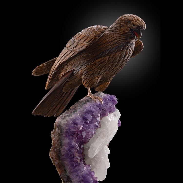 Red-Shouldered Hawk
Tiger eye, agate, carnelian, and obsidian, on amethyst with calcite geode base
8.75&amp;quot; x 16&amp;quot; x 10.5&amp;quot;