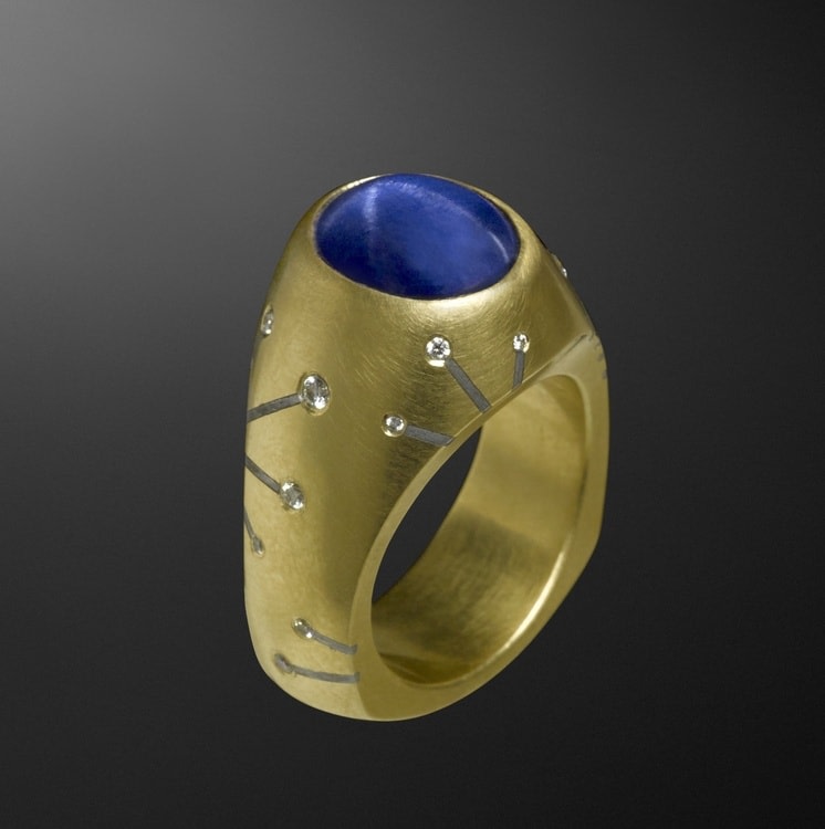 Star Sapphire Ring
Ring in 18k gold, Gibeon Meteorite inlay, diamonds, and a 10.25ct fine star sapphire.
1&amp;quot; x .7&amp;quot; x 1&amp;quot;
2016