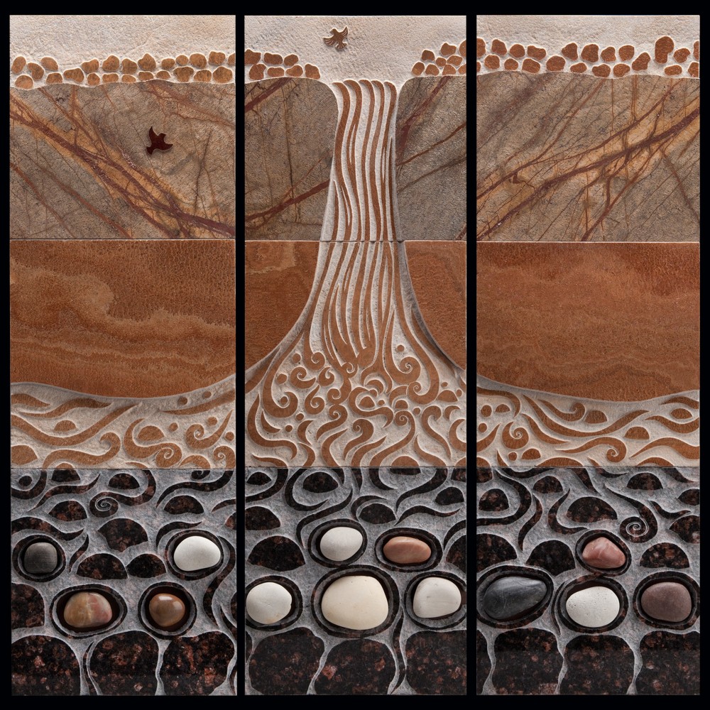 Majestic Waterfall
Cherry marble, forest brown marble, and tan brown granite, carved and inlaid together with rocks and a glass bird.&amp;nbsp;
36&amp;quot; x 36&amp;quot; x 2&amp;quot;
2014