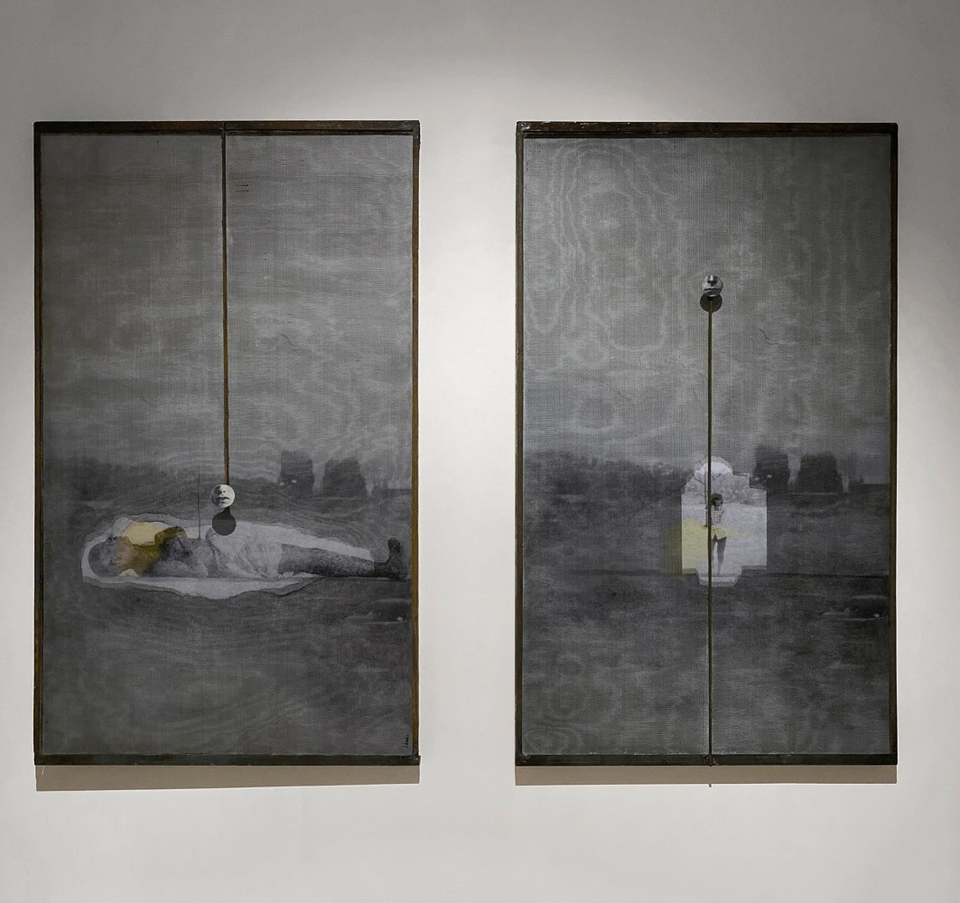 Touching the earth and passing the name,&amp;nbsp;2019
Oil, acrylic, metal mesh, archival paper, artist-designed cast iron frame
57&amp;Prime; x 66&amp;Prime; (overall) | 57&amp;Prime; x 32&amp;Prime; (Each of 2)&amp;nbsp;
