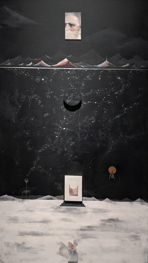 Tilted sky, 2020
Oil, acrylic, canvas, collage, board
67.75&amp;Prime; x 38.25&amp;Prime;