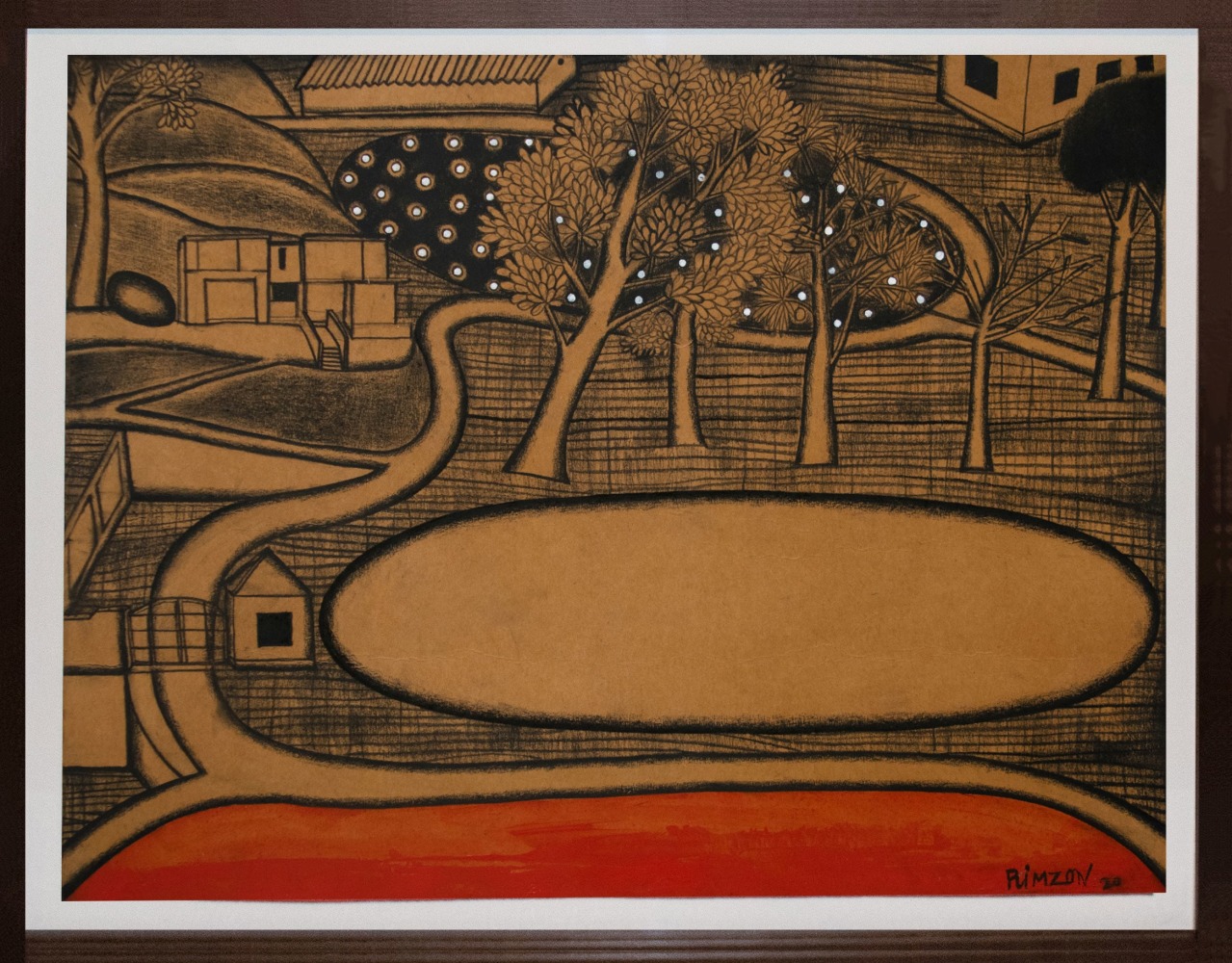 N.N. Rimzon
A Lake at the Hill Resort,&amp;nbsp;2020
Charcoal and acrylic on paper
16 1/4&amp;Prime; x 21 1/4&amp;Prime; | Framed 19&amp;Prime; x 24 1/4&amp;Prime;&amp;nbsp;
TG# 4675