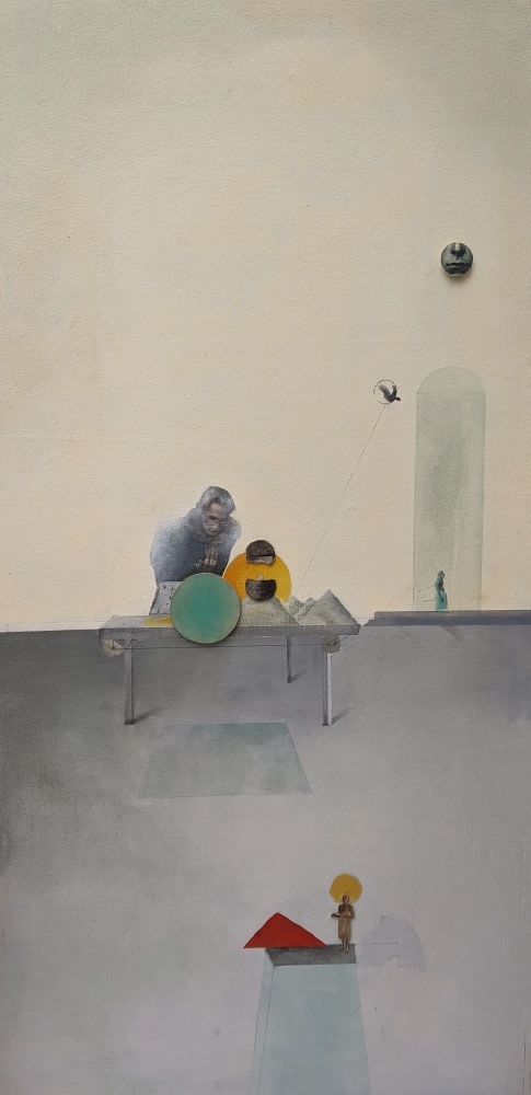 Domesticated sunset,&amp;nbsp;2020
Oil, acrylic, pigmented ink, canvas collage, board
68&amp;Prime; x 35.5&amp;Prime;&amp;nbsp;