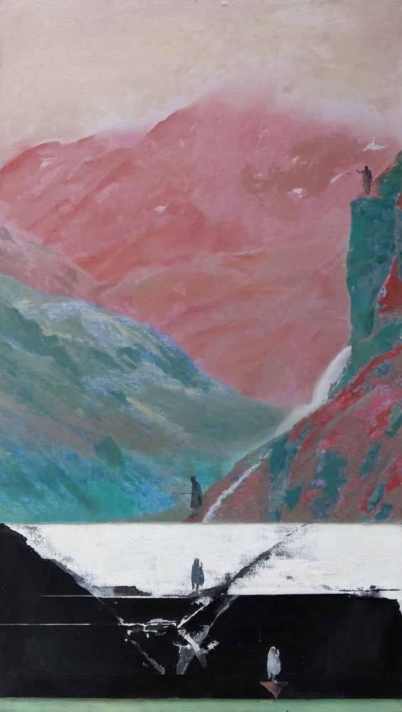 Traveling beneath,&amp;nbsp;2019
Oil, acrylic, pigmented ink, wooden box with metal, artist-designed wooden panel &amp;nbsp;
65&amp;Prime; x 35.25&amp;Prime;