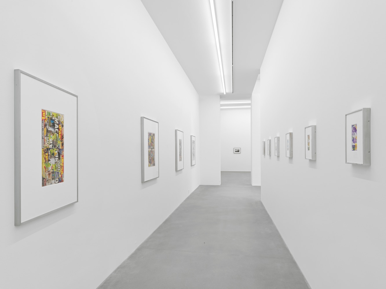Installation view of Walead Beshty collage, photography, and sculpture exhibition