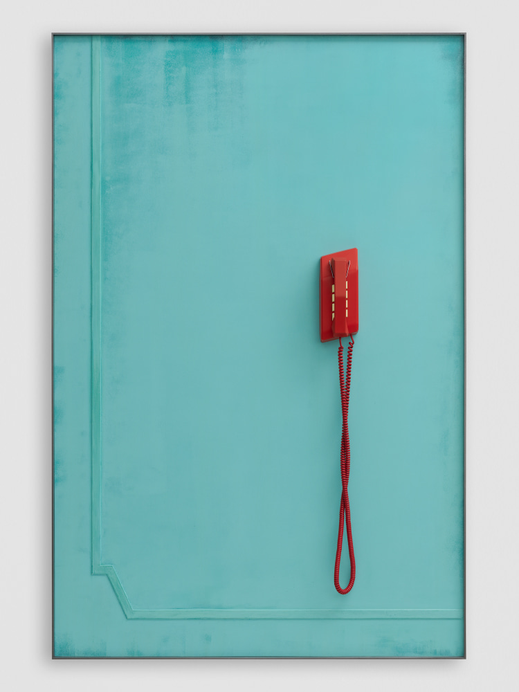 RED TELEPHONE (WAITING) 2020 Patinated steel, etched and painted aluminium, painted silicone moulded vacuum cast resin, coiled cable 167.5 x 111.5 x 11 cm / 66 x 43 7/8 x 4 3/8 in