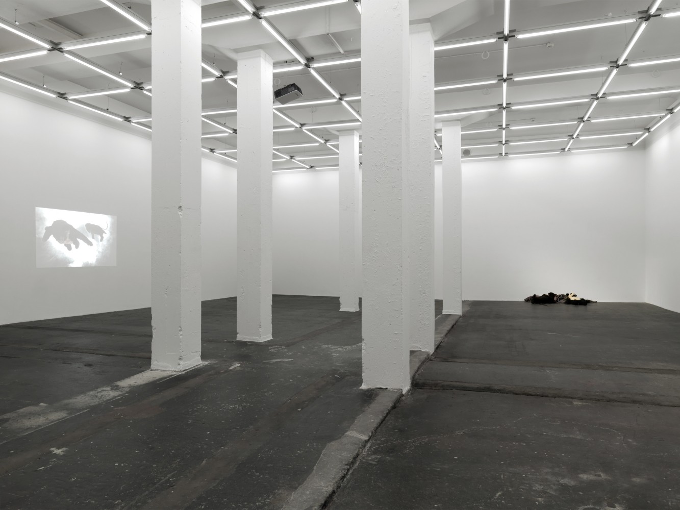 Installation view of Peter Fischli David Weiss film and sculpture exhibition