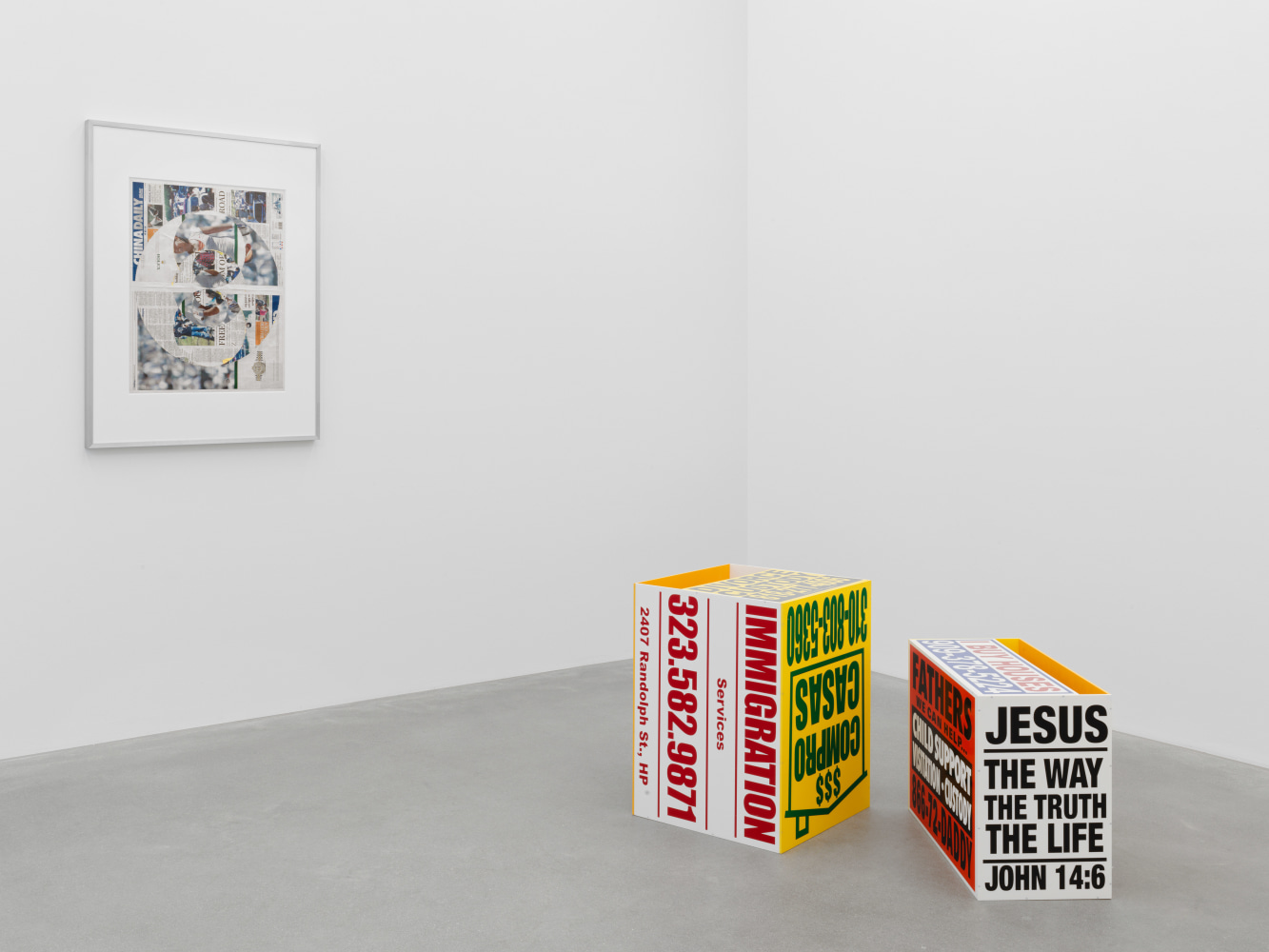 Installation view of Walead Beshty collage, photography, and sculpture exhibition