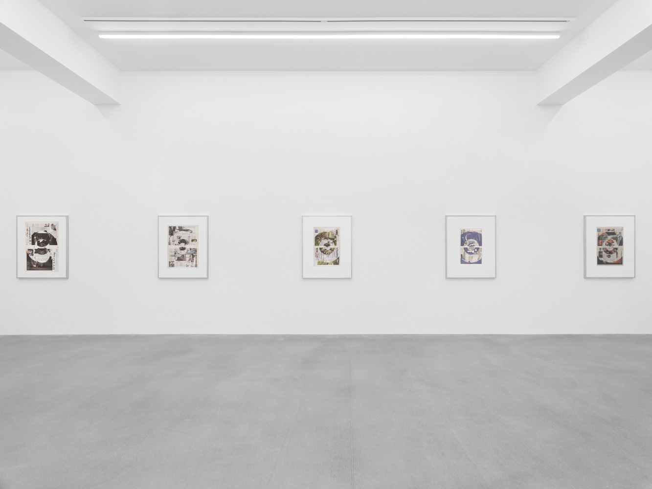 Installation view of Walead Beshty collage, photography, and sculpture exhibition
