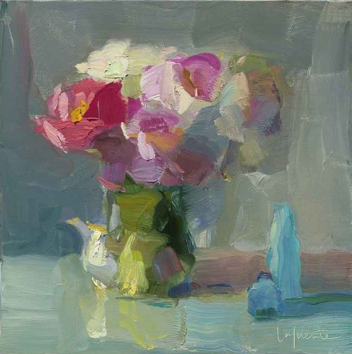 Creamer, Blue Bottles And Peonies  10&quot; x 10&quot;  Oil On Linen