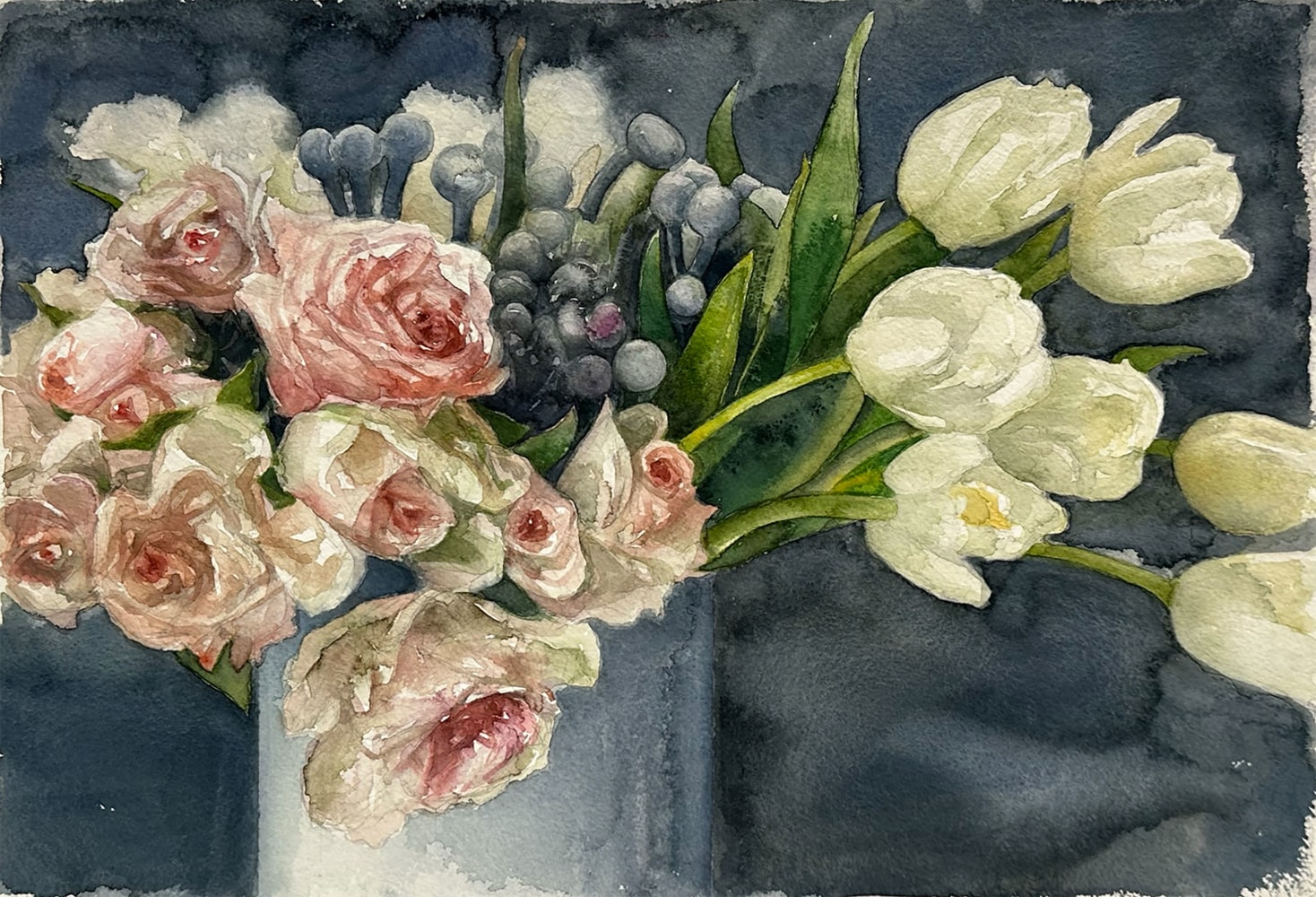 Rose And Tulip Bouquet  12.75&quot; x 18.5&quot;  Watercolor On D'Arches Paper