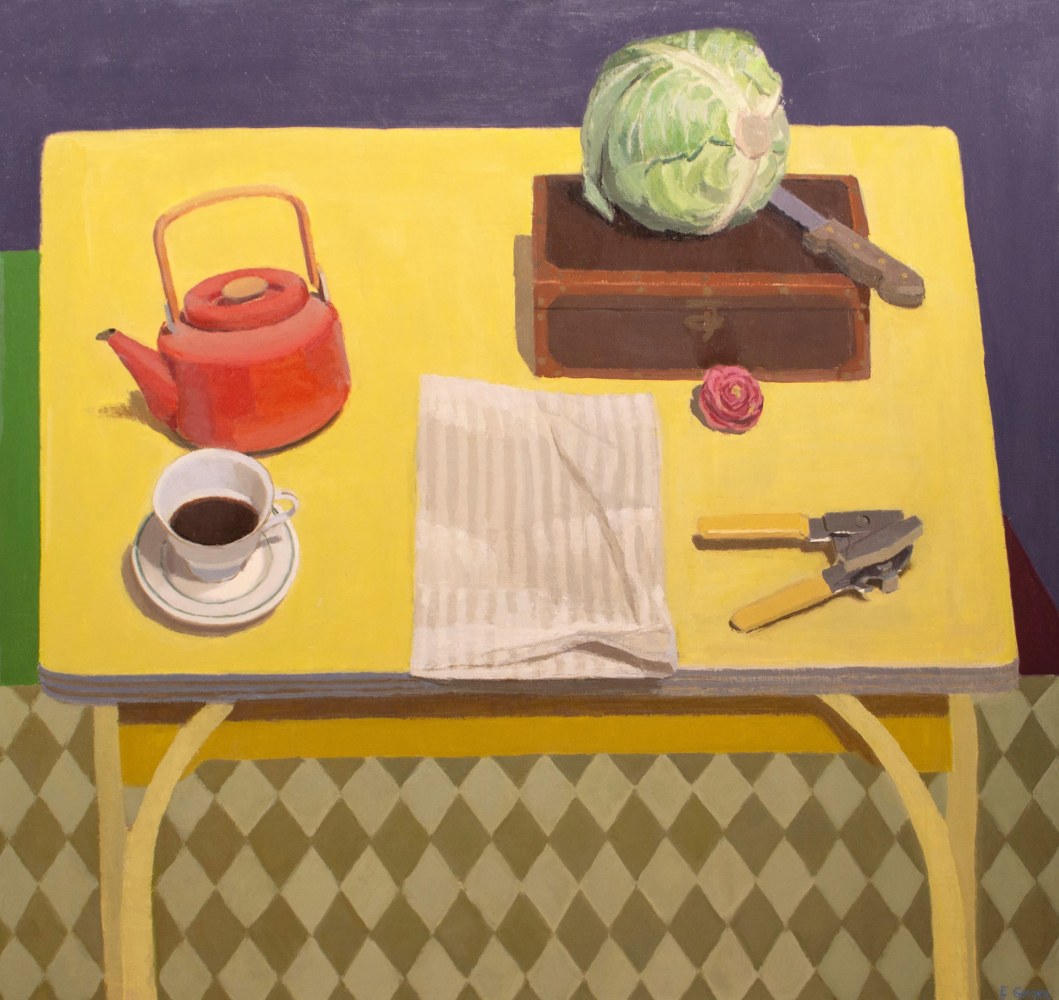 Yellow Table With Teapot, Cabbage, And Can Opener 36” x 38” Oil On Linen