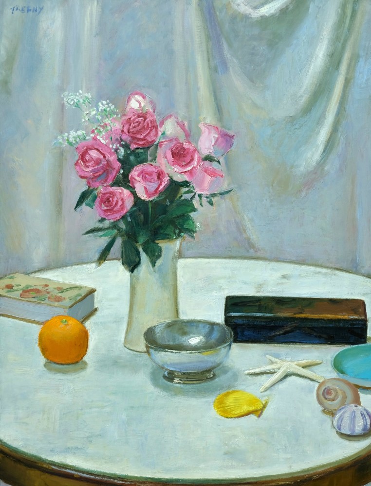Marble Table With Roses And An Orange  32&quot; x 24&quot;  Oil On Panel
