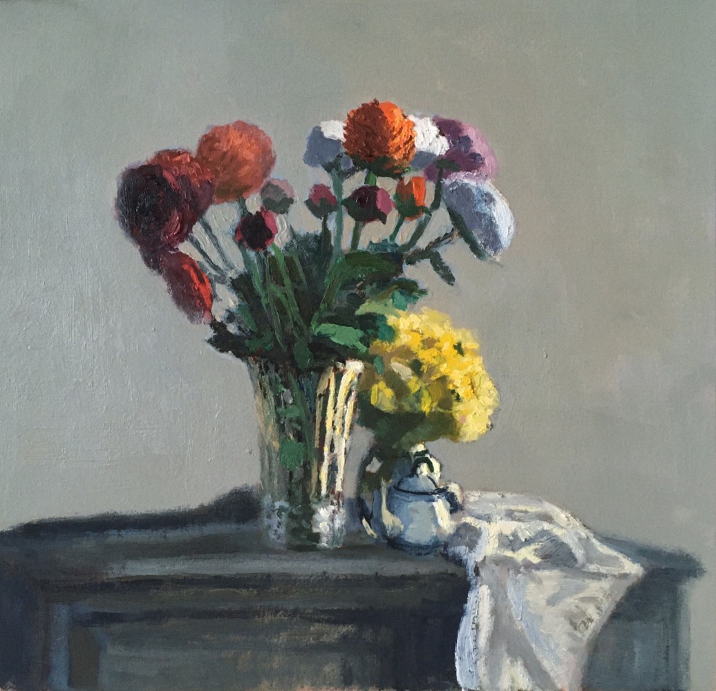 Giovanni Casadei, Ranunculus And Yellow Flowers  13&quot; x 14&quot;  Oil On Panel  $2,400