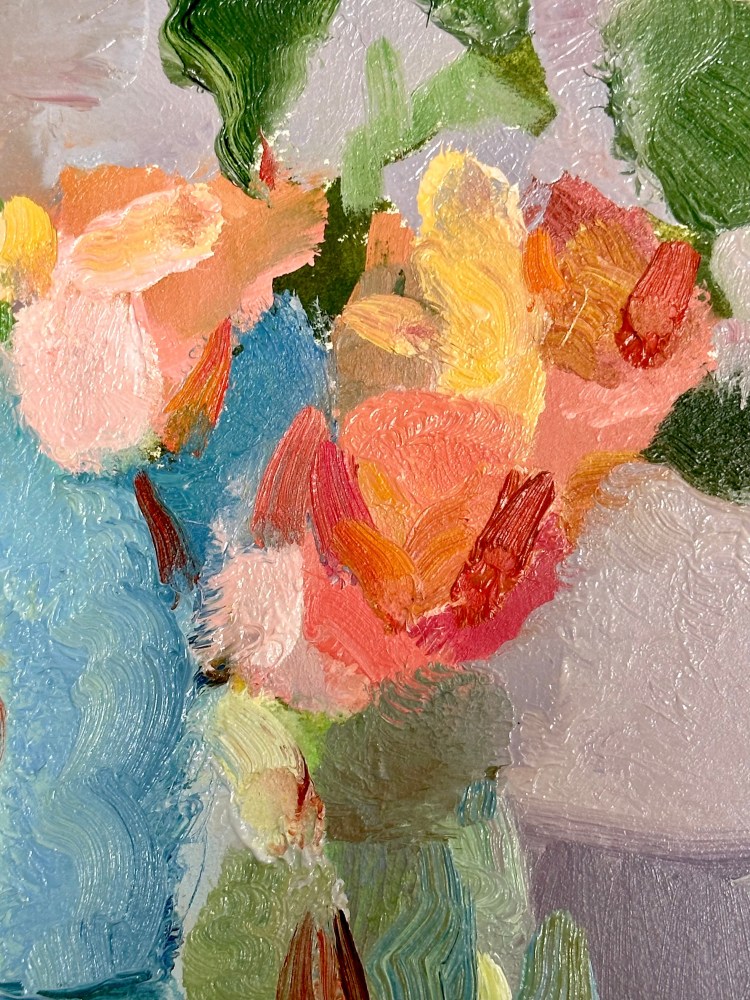 Blush Rose and Blue Bottles (detail)  9&quot; x 12&quot;  Oil On Paper Mounted On Board  Shop