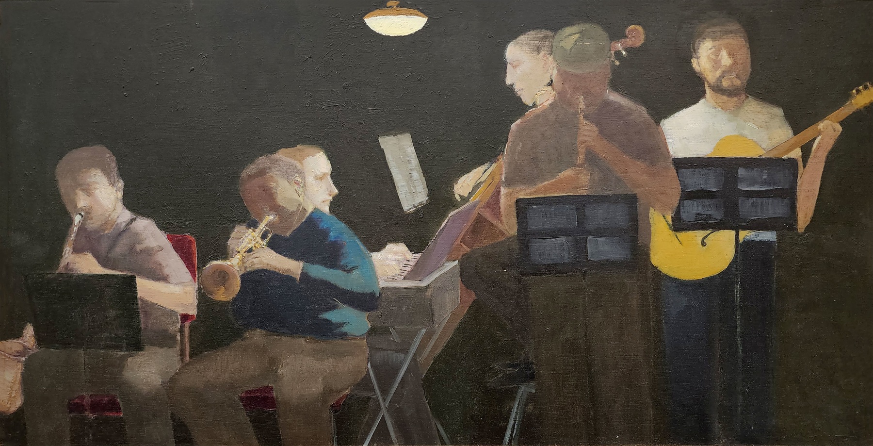 Jazz Band Practice  18&quot; x 35&quot;  Oil On Board