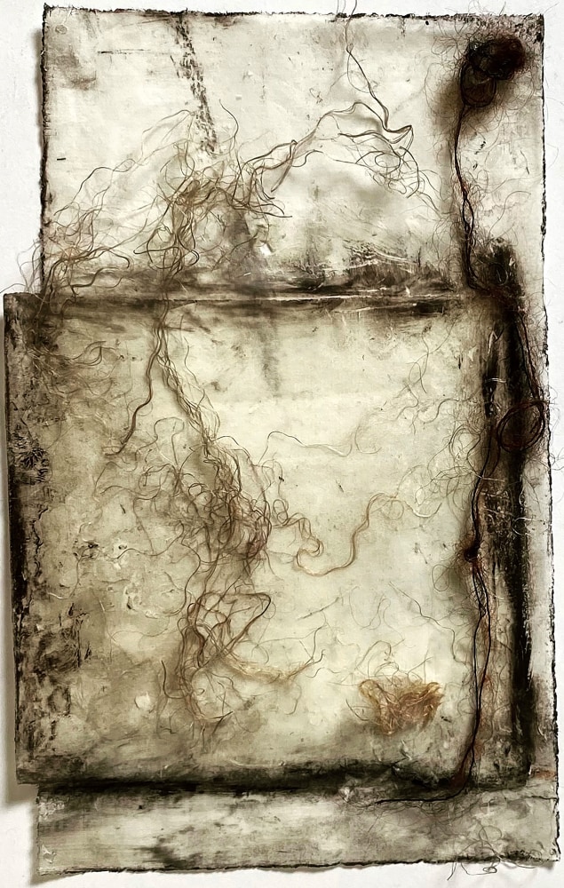 Disturbance (Diptych)  7.5&quot; x 5&quot;  Oil, Fiber, Charcoal, And Thread On Paper