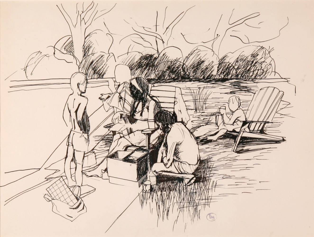 By The Pool V, c. 1968  18&quot; x 24&quot;  Pen And Ink On Paper