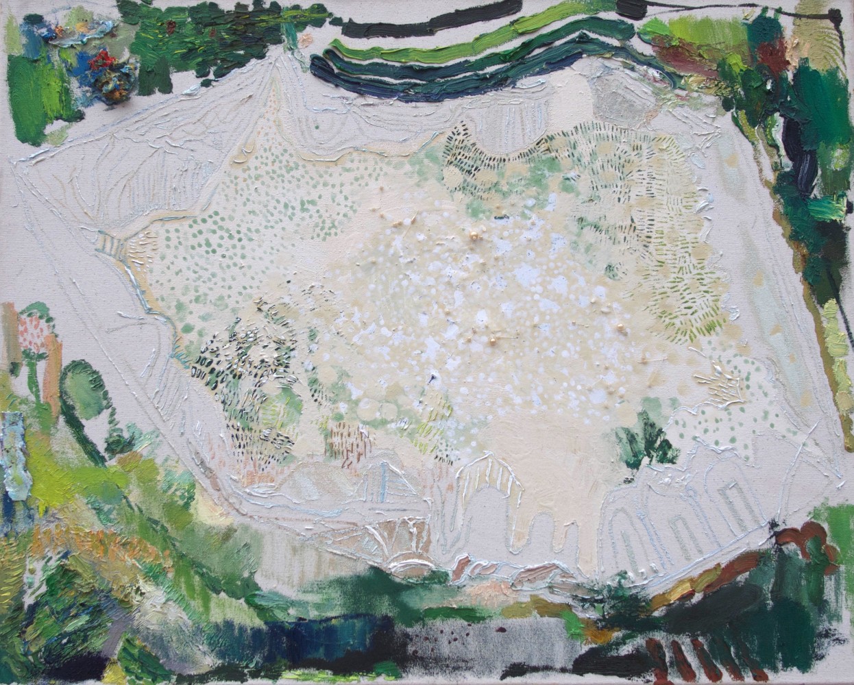 Eye Of The Canopy  24&quot; x 30&quot;  Oil, Marble, Raw Pigment, Paper, Thread And Beads On Canvas