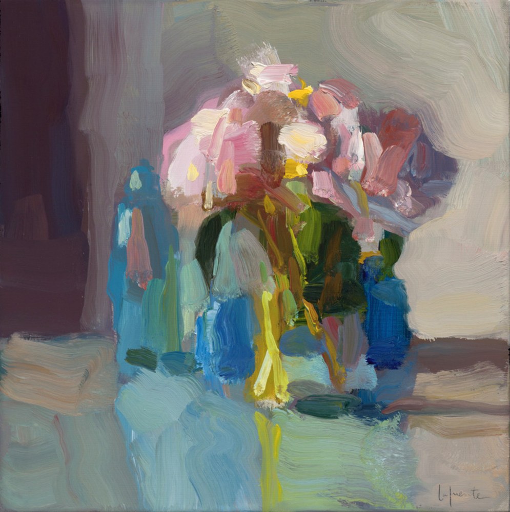 Peonies And Blue Bottles  14&quot; x 14&quot;  Oil On Linen