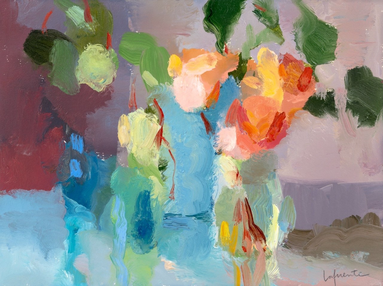 Blush Rose and Blue Bottles  9&quot; x 12&quot;  Oil On Paper Mounted On Board