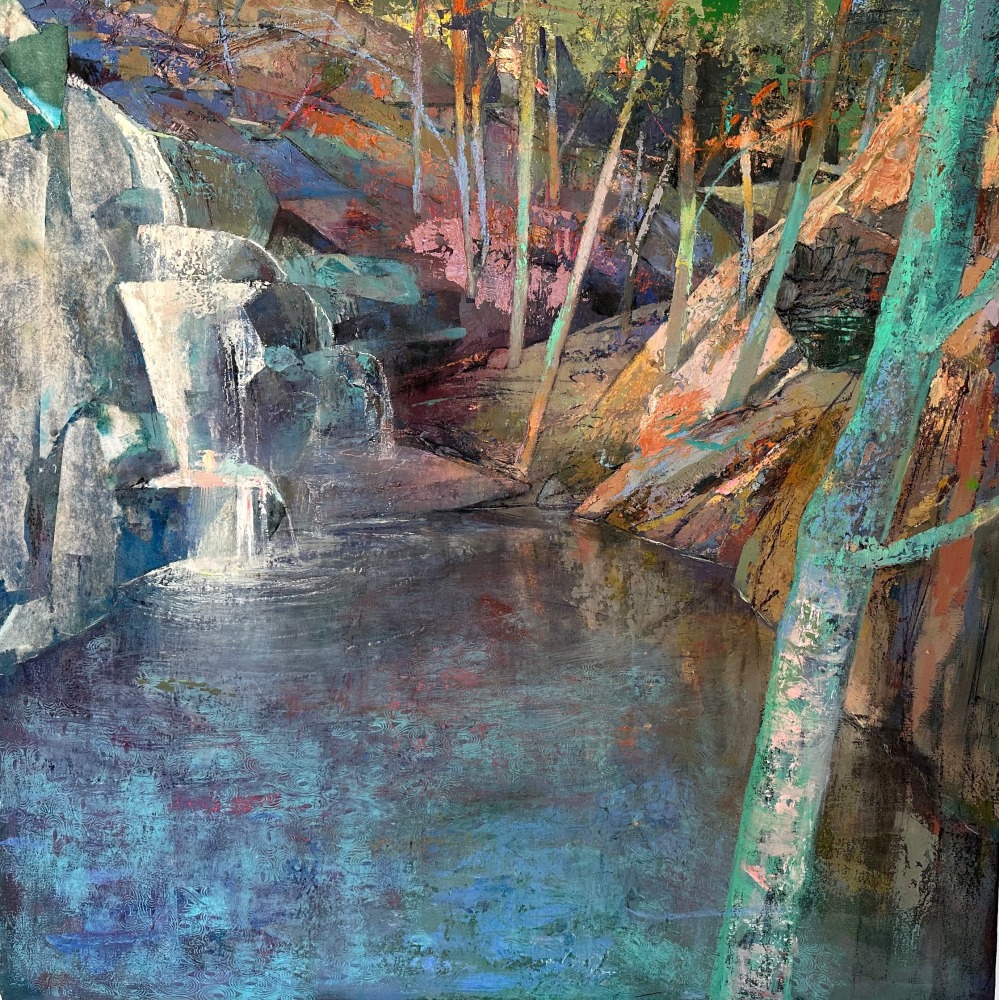 Wahconah Falls  42” x 42”  Oil And Collage On Canvas