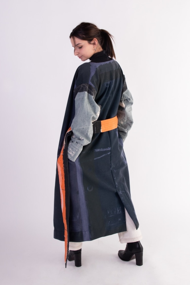 Shelby Donnelly, Nocturne Coat - Dark  Fits Size 0 - 8  Screen Printed Canvas, Soft Deadstock Jersey Fabric With Screen Printing  Care: Dry Clean Only