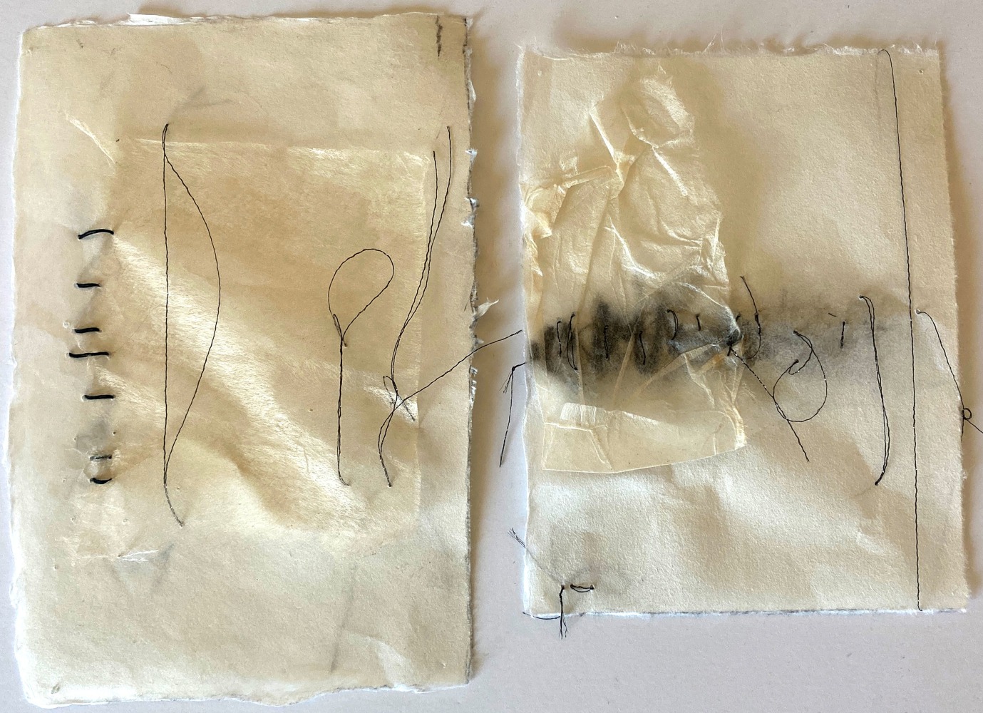 Rita Bernstein, Mixed Feelings (Diptych)  8.25&quot; x 11.5&quot;  Silk, Graphite, And Thread On Paper  $2,100