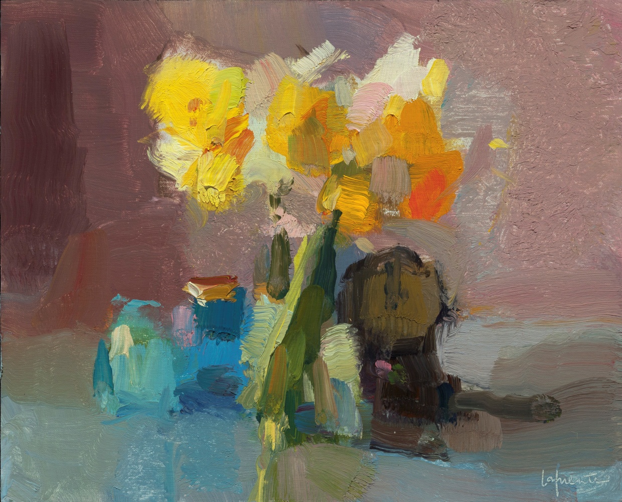 Daffodils Bottles And Clock  8&quot; x 10&quot;  Oil On Mounted Linen