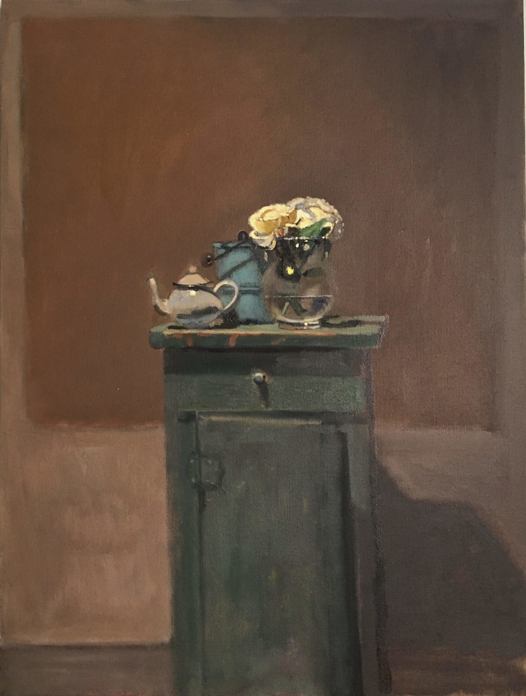 Roses On The Green Cabinet  24&quot; x 18&quot;   Oil On Canvas