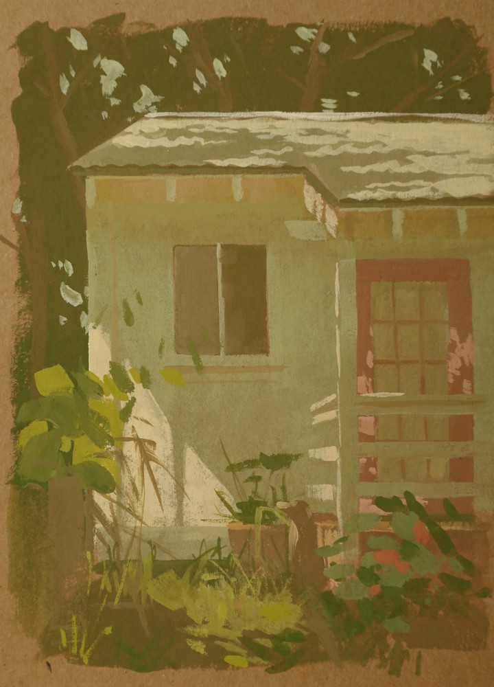 Hen House Study  7″ x 5″  Gouache On Shellac Paper