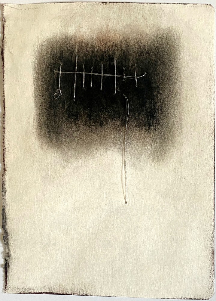 Rita Bernstein, Tracing Thought  7&quot; x 5&quot;  Oil, Fiber, Conte Crayon, And Thread On Paper  $1,250