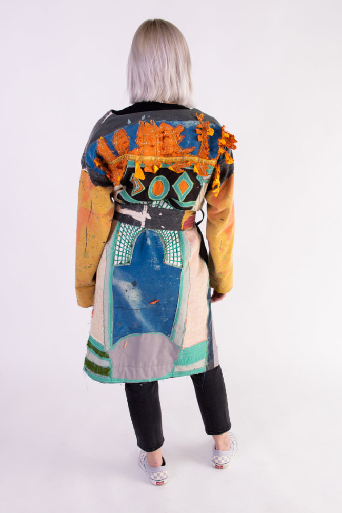 Shelby Donnelly, Nocturne Coat - Collage  Fits Size 0 - 8  Collage Of Remnant Fabrics From Paris Marche, Screen Printing, Hand-Sewn Applique Of Orange And Gold Leaves, Lining-Hand Woven Cotton Blanket  Care: Dry Clean Only