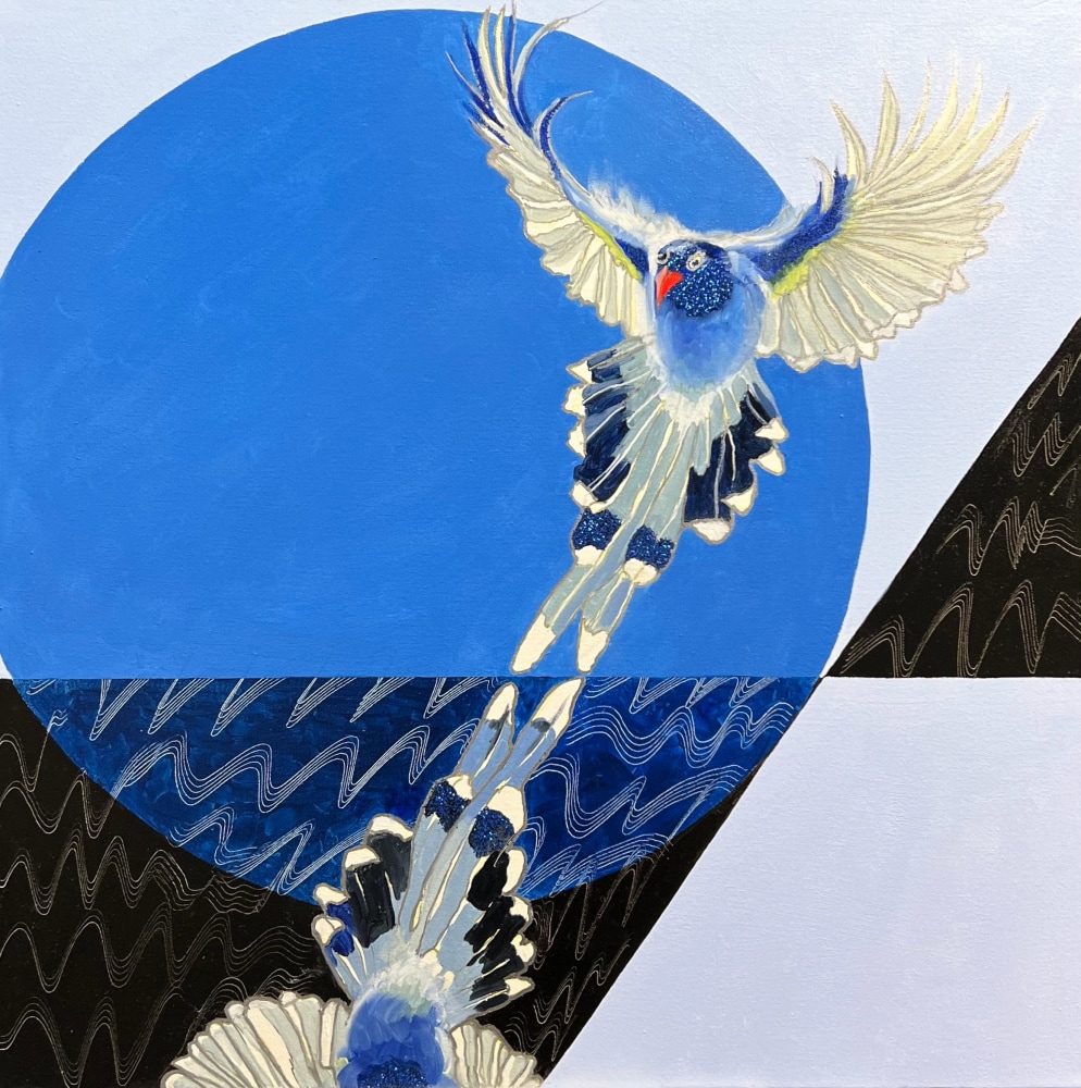 Magpie &amp; Blue Moon  30&quot; x 30&quot;  Oil On Canvas With Spot Glitter &amp; Mirror Marker