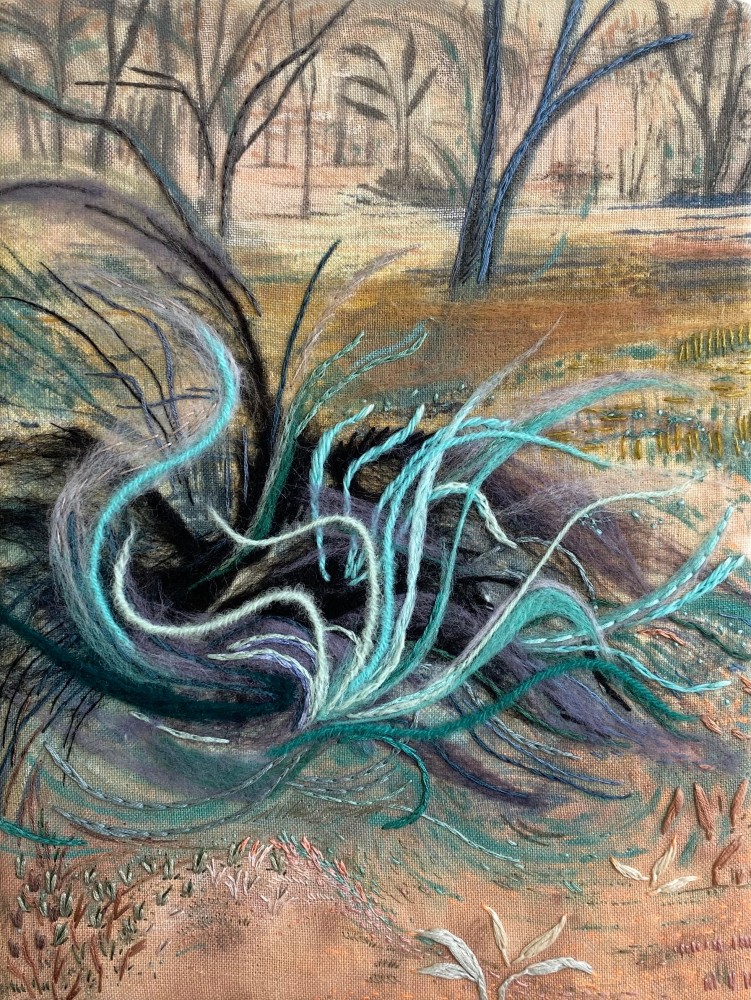 Sage Brush  12&quot; x 9&quot;  Acrylic, Thread And Wool On Linen