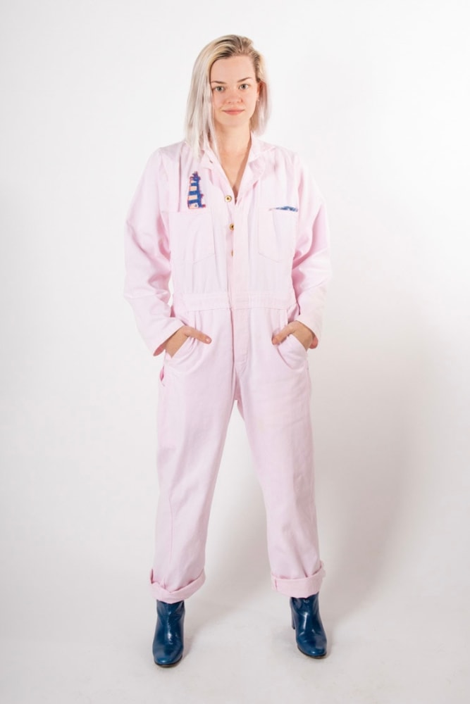 Shelby Donnelly, Nantucket Coveralls Fits Size 0 - 8  Vintage Sourced Light Pink Coveralls, Embroidered Applique Of A Lighthouse, Screen Printed Waves Pocket Square  Care: Dry Clean Only