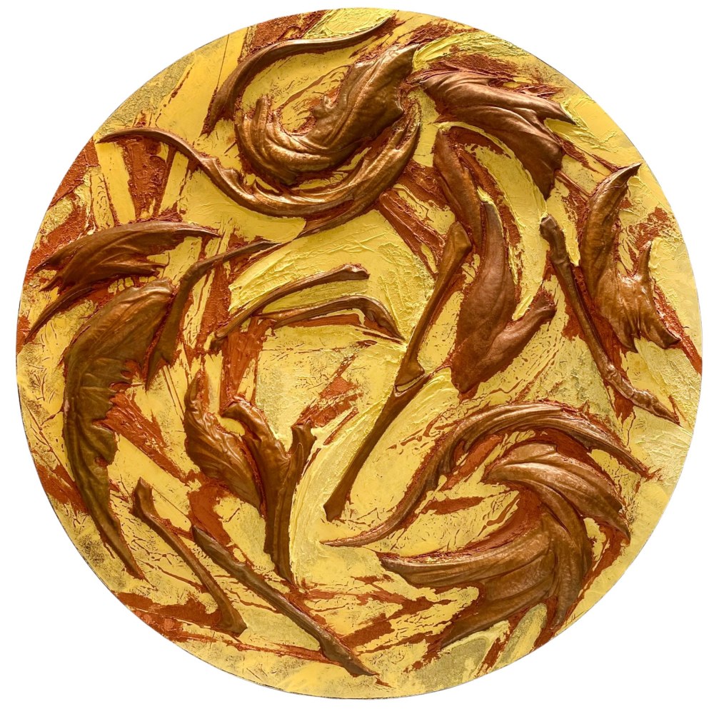 Ardens Mundi 3, Dessico  48&quot; Diameter  Copper Repousse Elements, Acrylic And Mineral Particles On Wood Tondo
