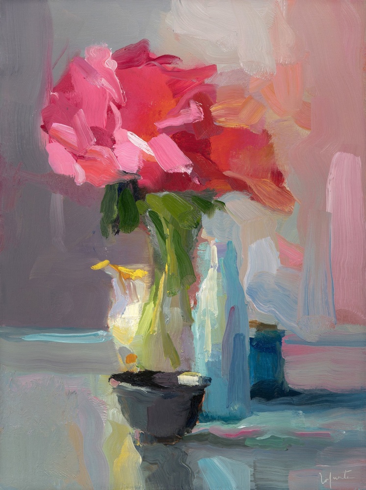 Peonies, Bottles, And Cup  16&quot; x 12&quot;  Oil On Linen