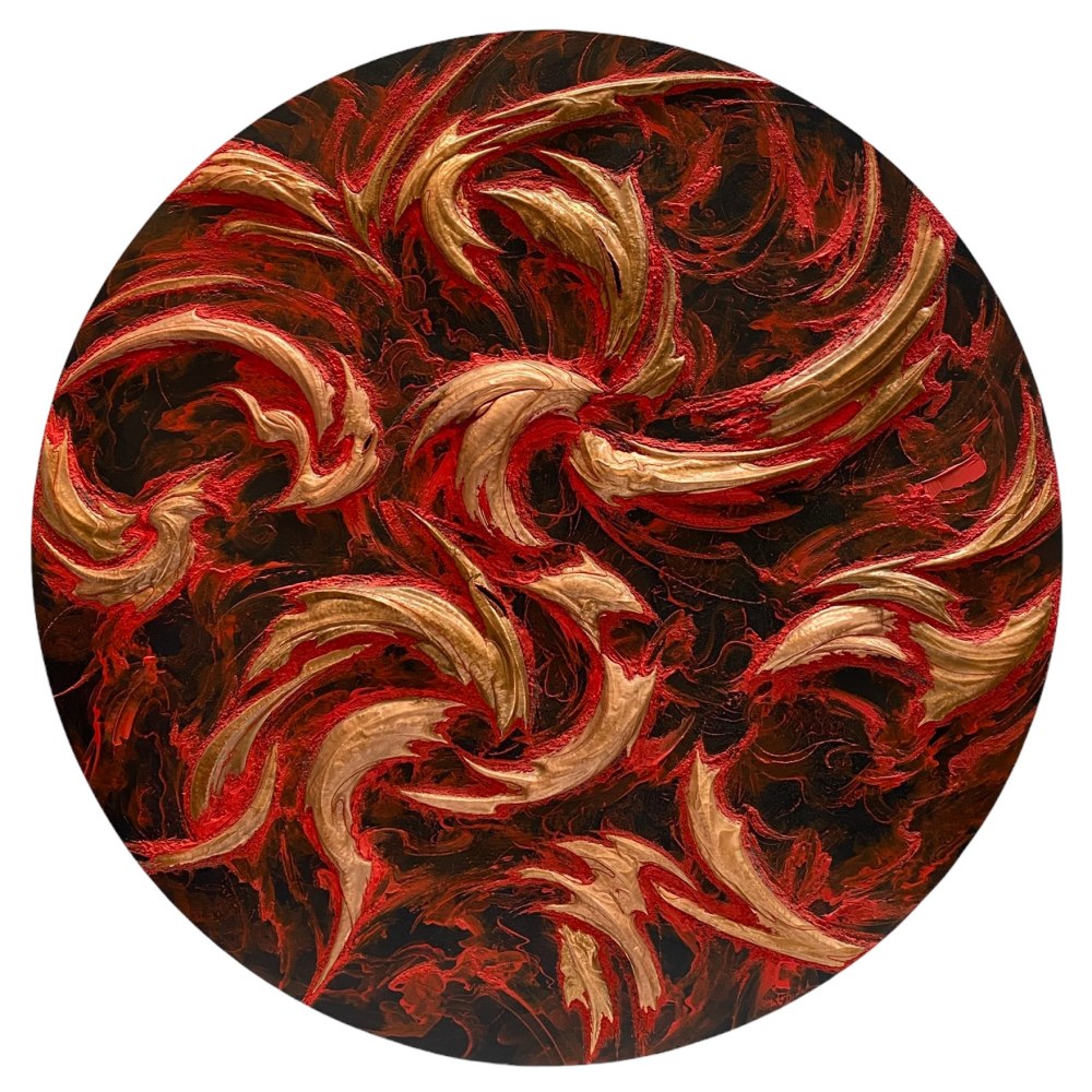 Ardens Mundi 1, Inferno  48″ Diameter  Copper Repousse Elements, Abraded Acrylic And Mineral Particles On Archival, Cradled Wood Tondo