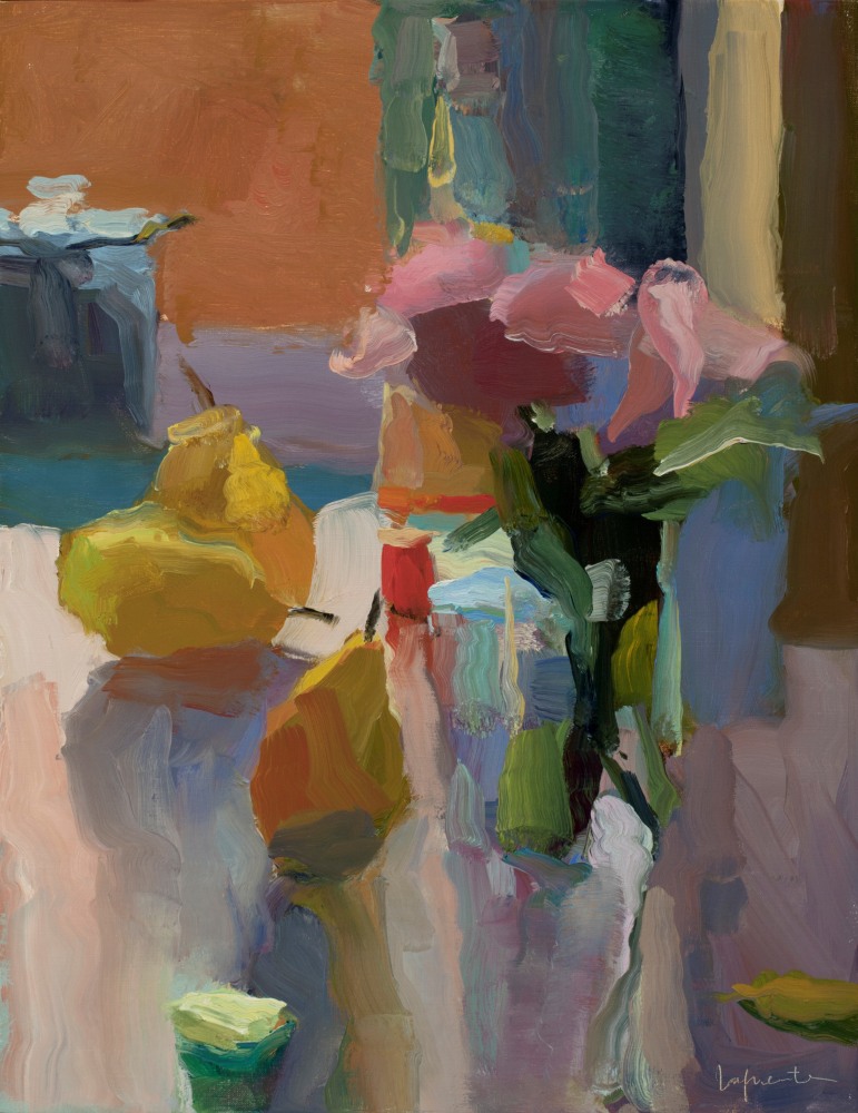 Roses, Pears, and Percolator  18&quot; x 14&quot;   Oil On Linen