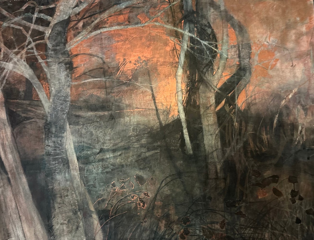 Gloaming  30” x 39”  Charcoal, Acrylic Interference, Wax, On Paper Mounted On Board