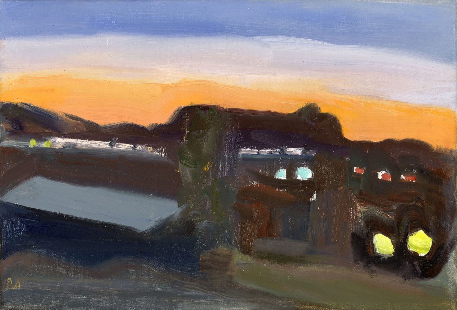 Sunset - Lights On  8″ x 13″  Oil On Canvas